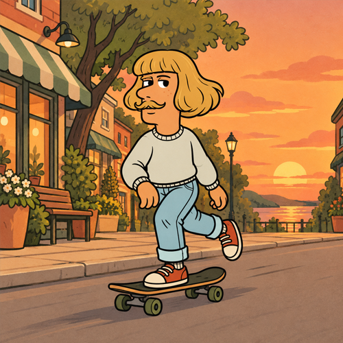 Jean skating through town at sunset in a cream sweater, cuffed jeans, and red sneakers
