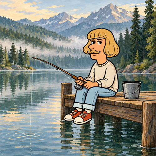 Jean fishing from a wooden dock on a quiet mountain lake